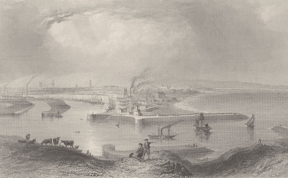 Aberdeen, entrance to the harbour. Scotland. BARTLETT 1842 old antique print